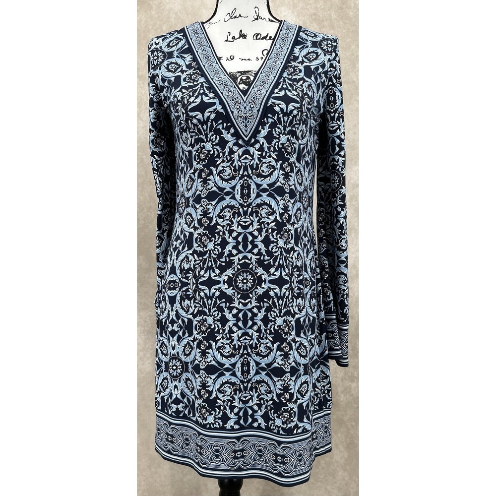 White House Black Market Tunic Dress Size Small Blue Floral Scroll Long Sleeve
